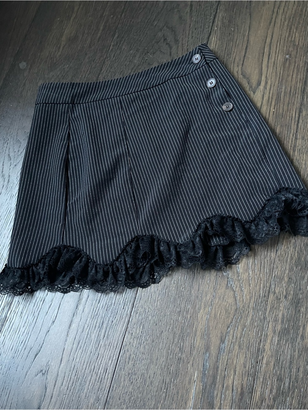 Y2K Black Pinstripe Lace-Hem Mini Skirt